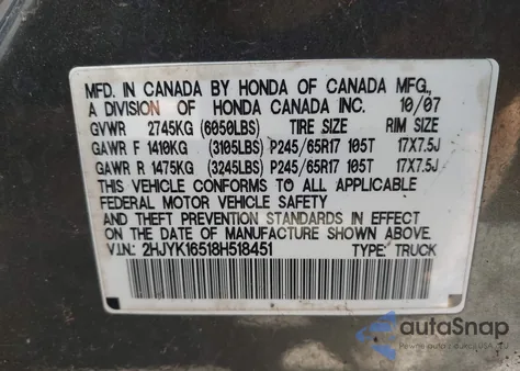 2008 Honda Ridgeline Rtl z USA, uszkodzony, nr VIN 2HJYK16518H518451